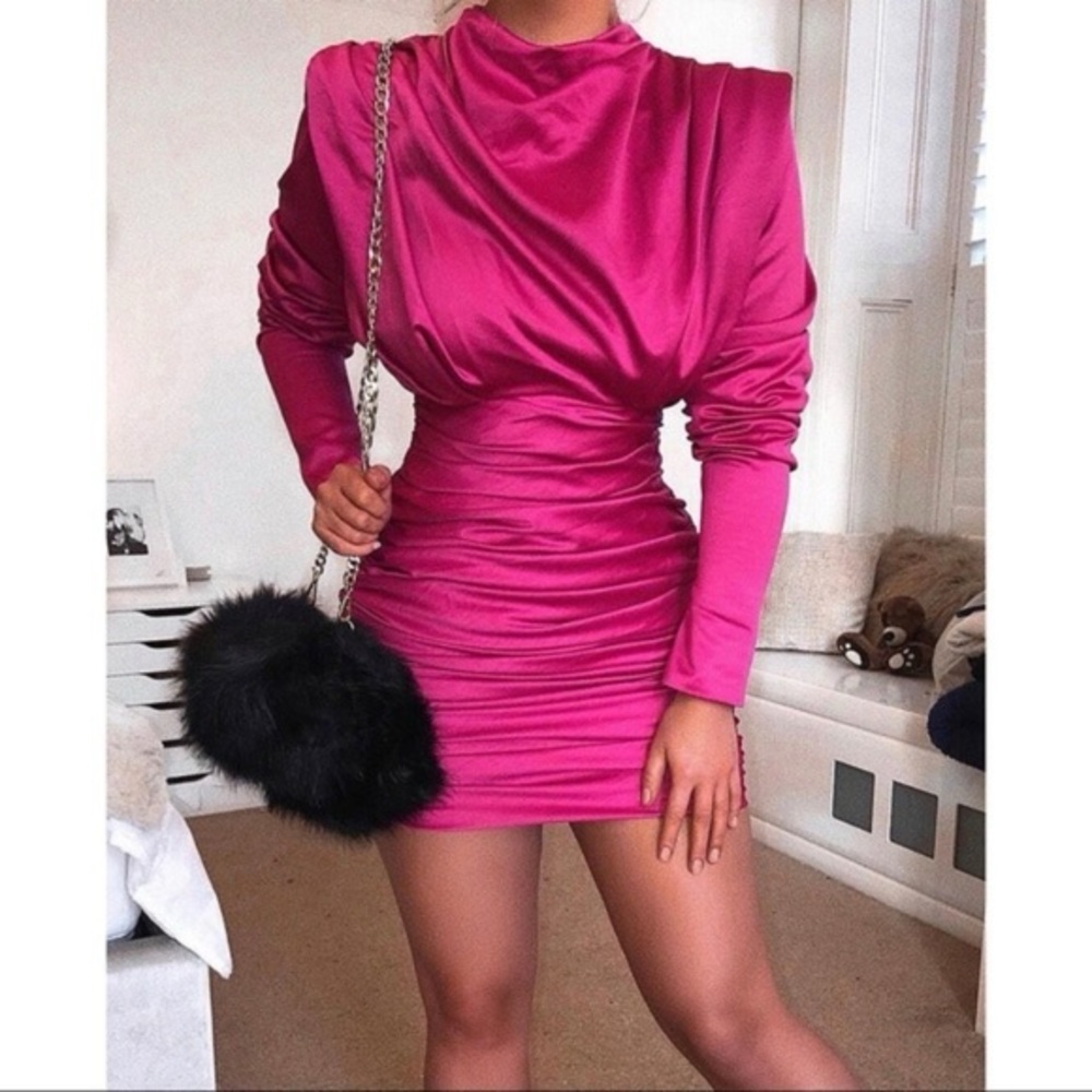 HOUSE OF CB GIORGIANA DRAPED PINK SATIN DRESS